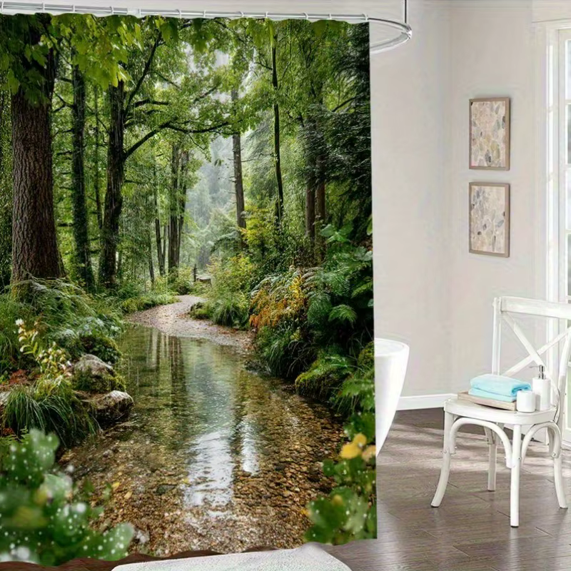 Rideau de douche imperméable avec une scène de ruisseau de forêt tranquille pour un décor de salle de bain relaxant et inspiré de la nature