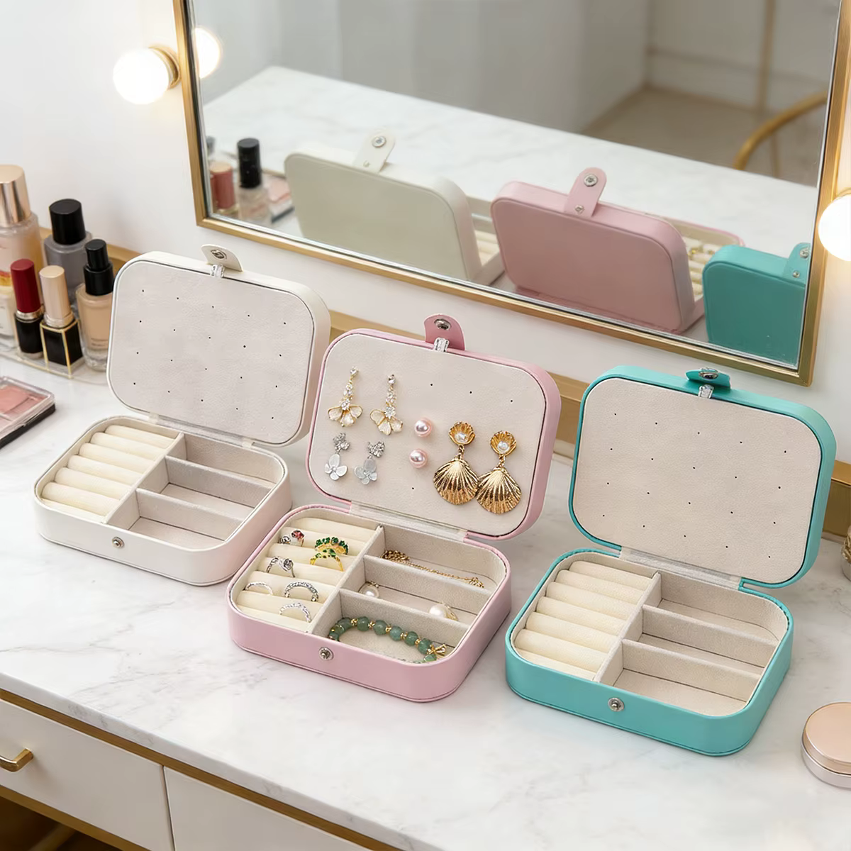 Boîte à bijoux Portable multi-compartiments avec doublure en velours, organisateur de bijoux rose adapté aux voyages pour accessoires