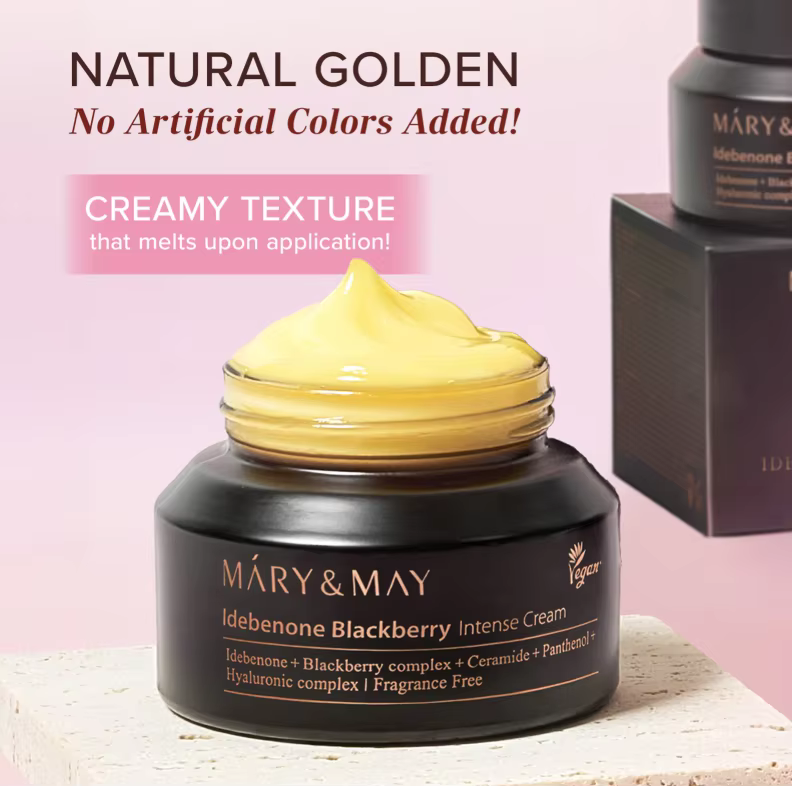 MARY& MAY Crème Intense à l'Idébenone et à la Mûre 70g Collagène Hydratant Naturel Doré Nourrissant en Profondeur