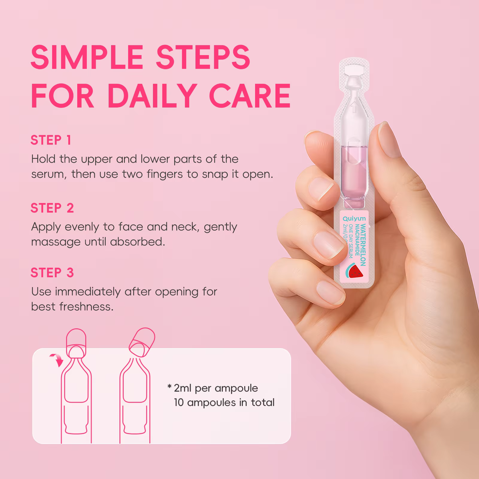 Sérum Quiyum à la pastèque et à la niacinamide, hydratation intense, éclat verreux, 2ml*10pcs, avec 4 types d'acide hyaluronique