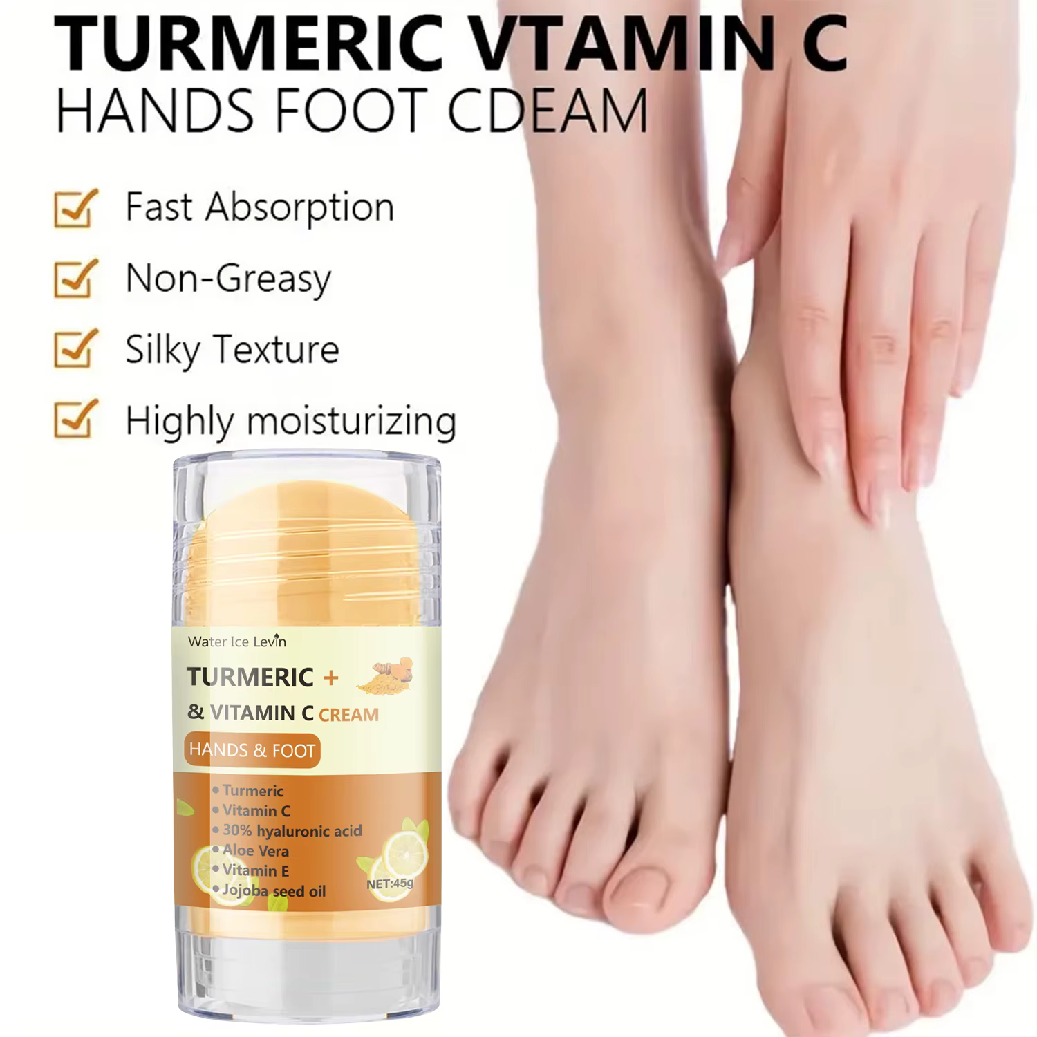 Crème Mains et Pieds au Curcuma et Vitamine C 45g avec Acide Hyaluronique