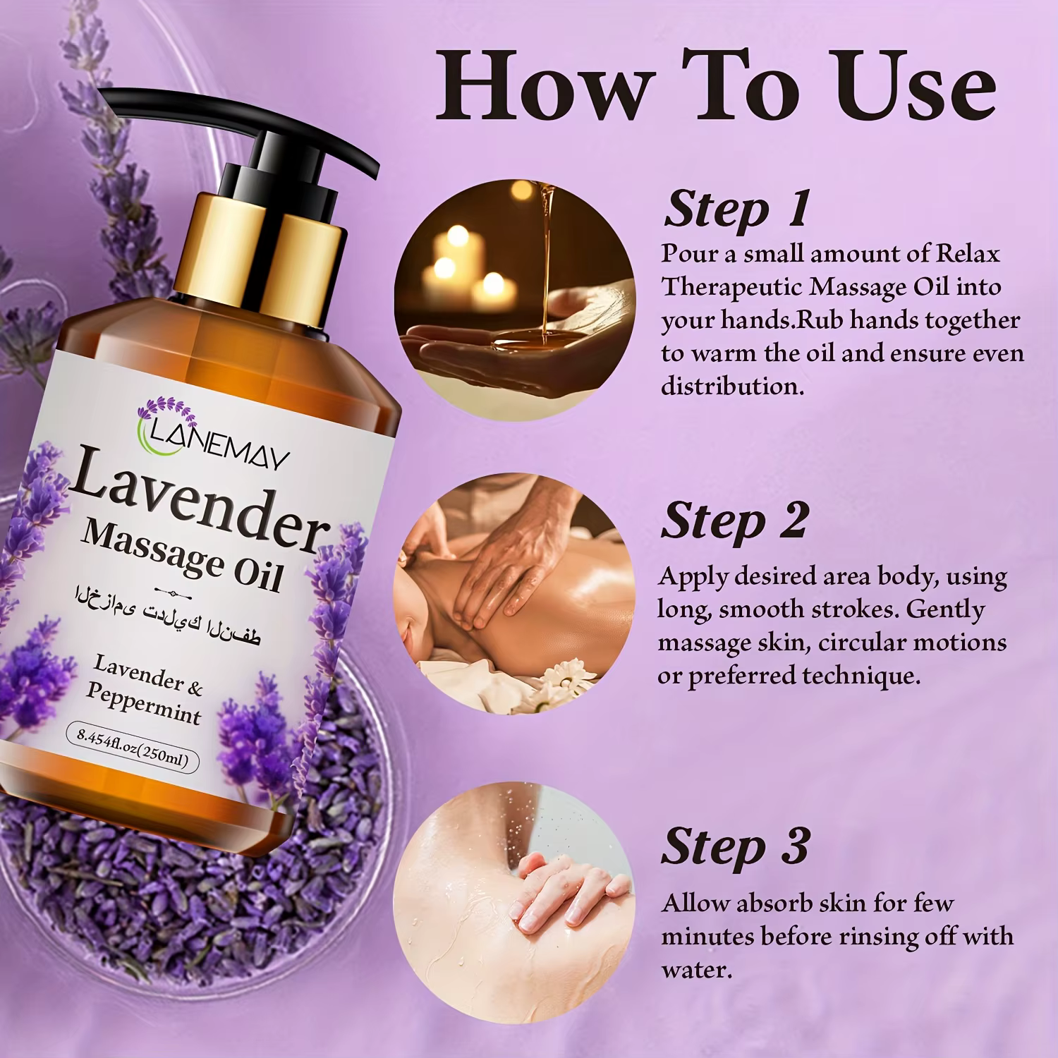 Huile de massage à la lavande et à la menthe poivrée, sans paraben, soin du corps hydratant et adoucissant pour tous les types de peau, teint apaisant