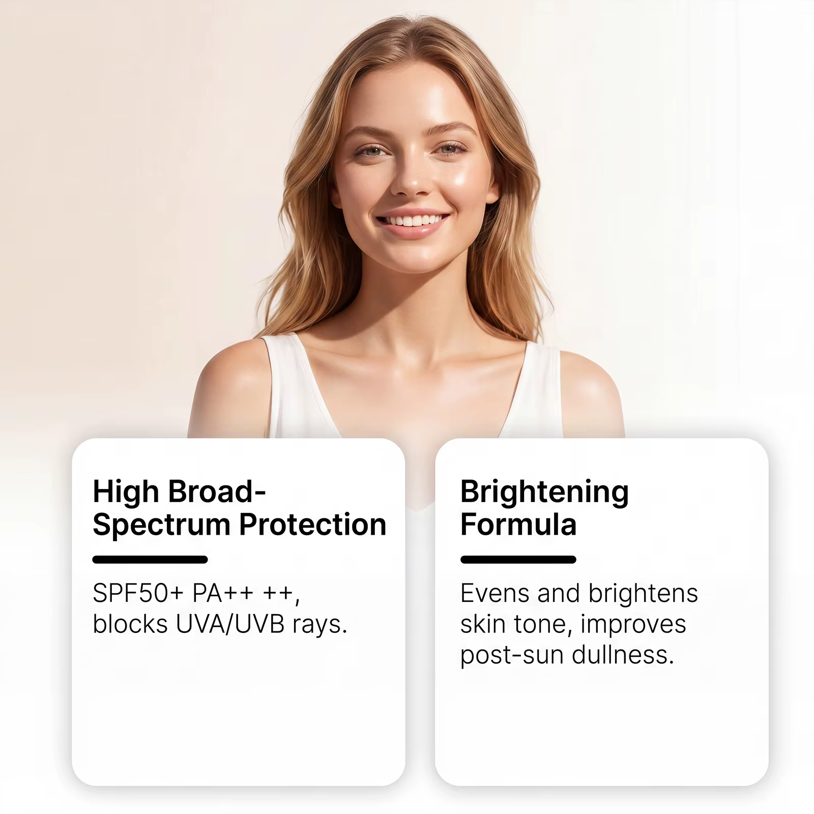 Crème solaire SPF 50 à large spectre UV, protection longue durée, contrôle du sébum, couvrance parfaite, légère et hydratante