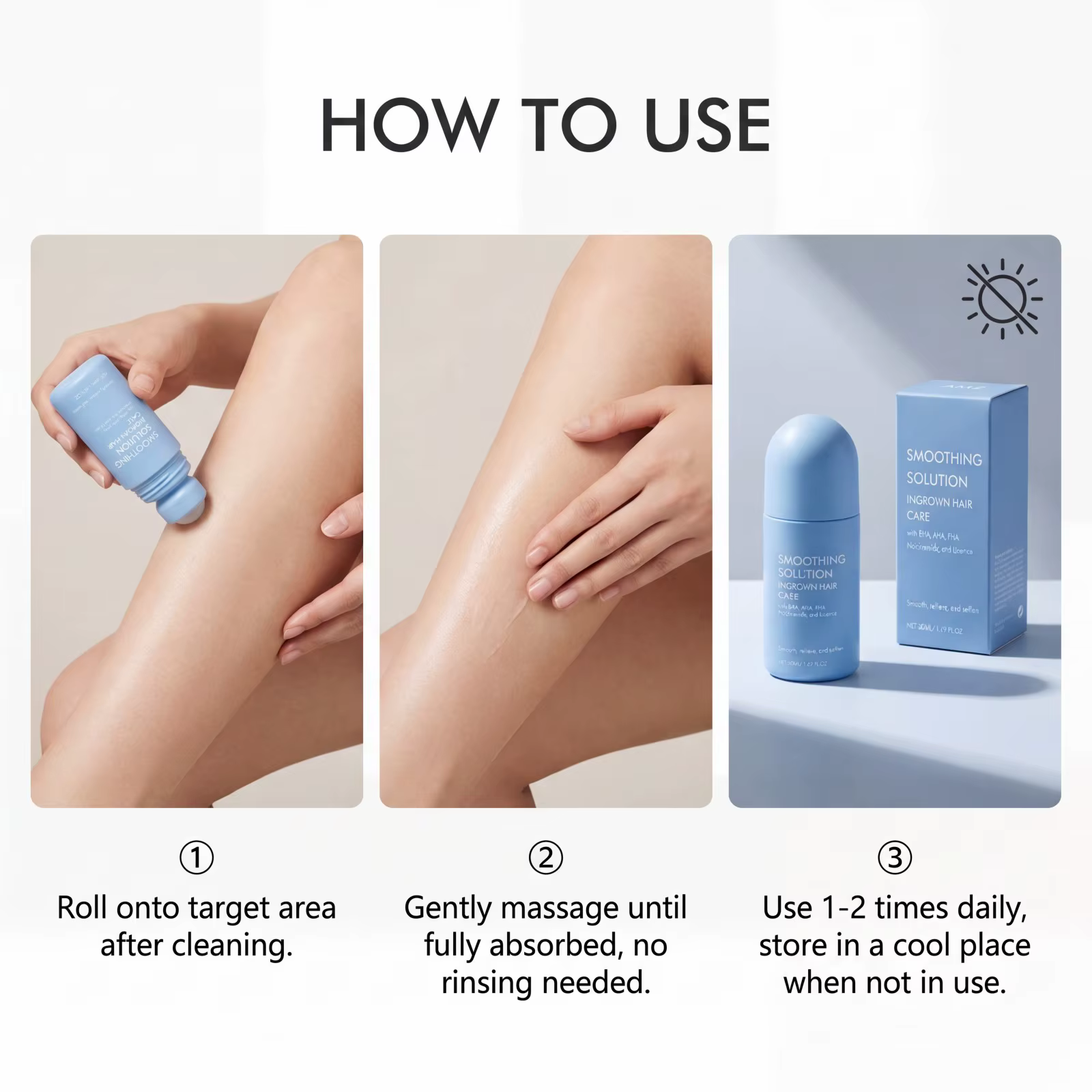 Solution lissante pour poils incarnés – Rouleau de soin hydratant pour les poils incarnés du maillot de bain et des aisselles – Sérum roll-on à la Centella