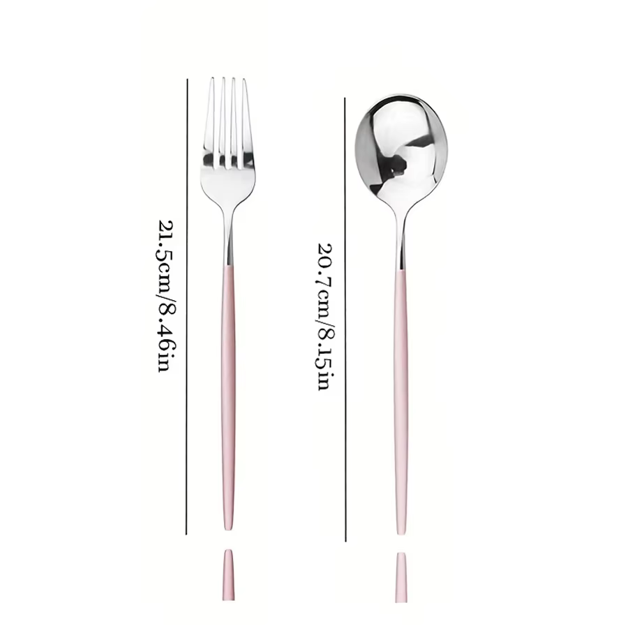 Ensemble de couverts en acier inoxydable de 16 pièces, design élégant argenté et rose, comprenant une fourchette et une cuillère, adapté pour les