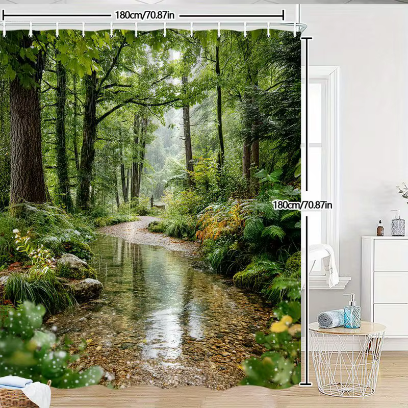 Rideau de douche imperméable avec une scène de ruisseau de forêt tranquille pour un décor de salle de bain relaxant et inspiré de la nature
