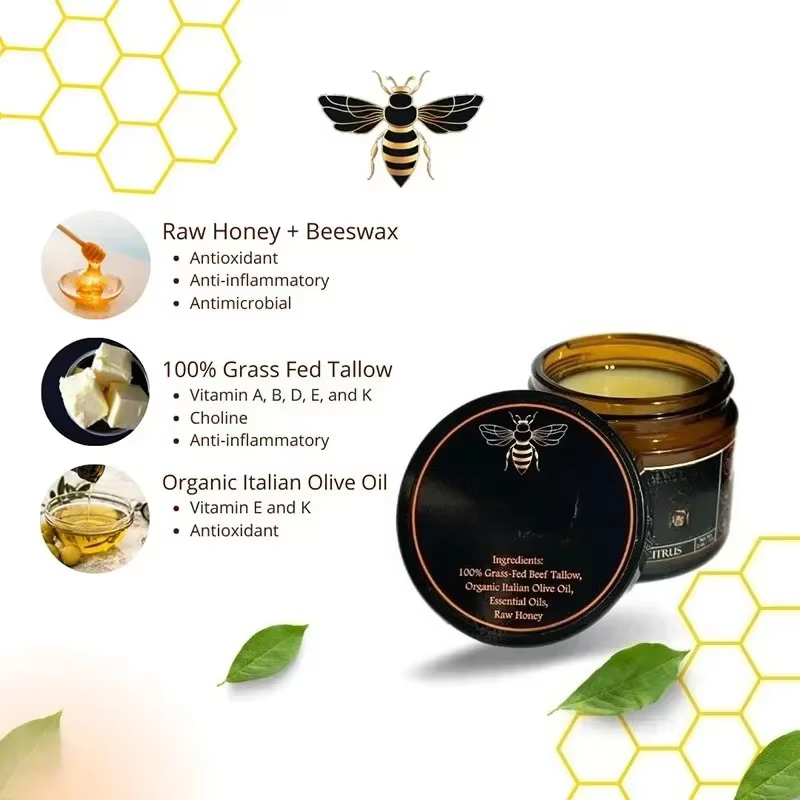 Crème hydratante au miel cru et au bœuf biologique nourri à l'herbe pour une peau douce et lisse