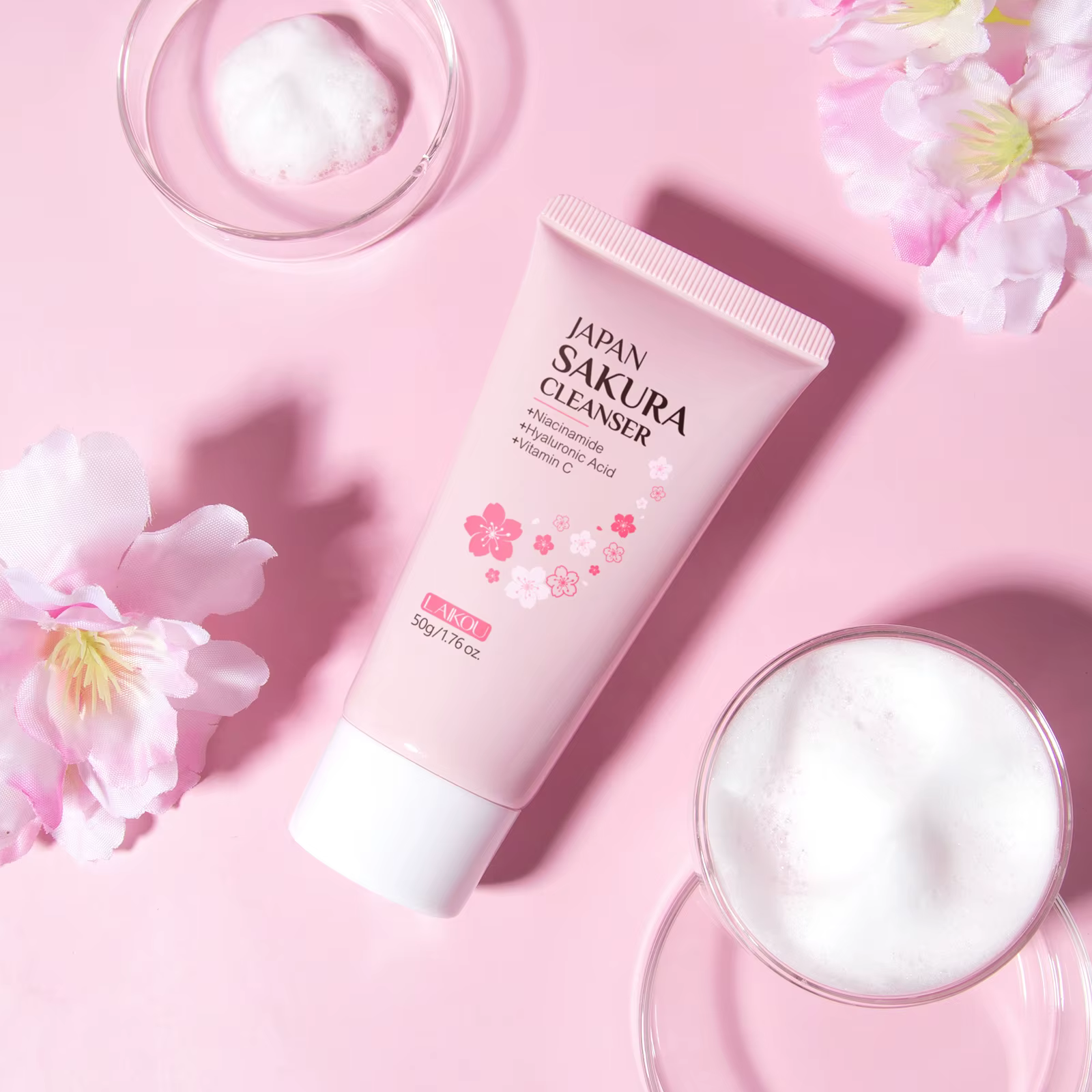 Laikou Sakura Nettoyant Visage Nettoyage en Profondeur des Pores Contrôle du Sébum Hydratant Éclaircissant Doux pour Tous Types de Peau 50g