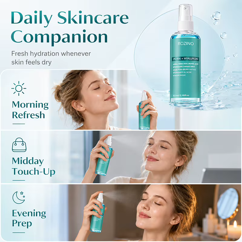 Nouvelle formule hydratante de luxe coréenne de Rozino, spray hydratant pour le visage à l'acide hyaluronique et au PDRN, contient un complexe luxueux d'essence réparatrice au PDRN et de multiples ing