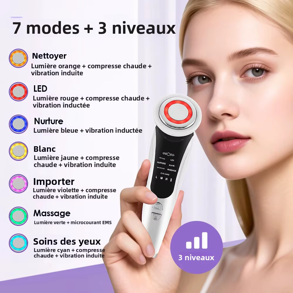 Masseur facial EMS, instrument de beauté pour le visage avec vibration induite et compresse chaude