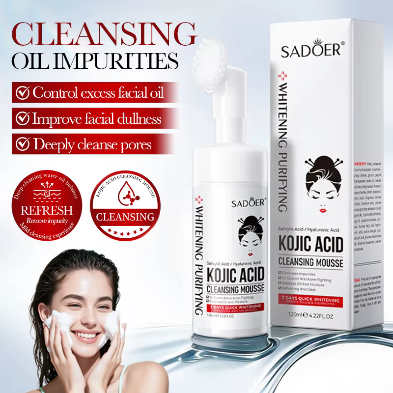 SADOER Mousse Nettoyante Visage Éclaircissante à l'Acide Kojique Hydratante Nettoyage en Profondeur Anti-âge