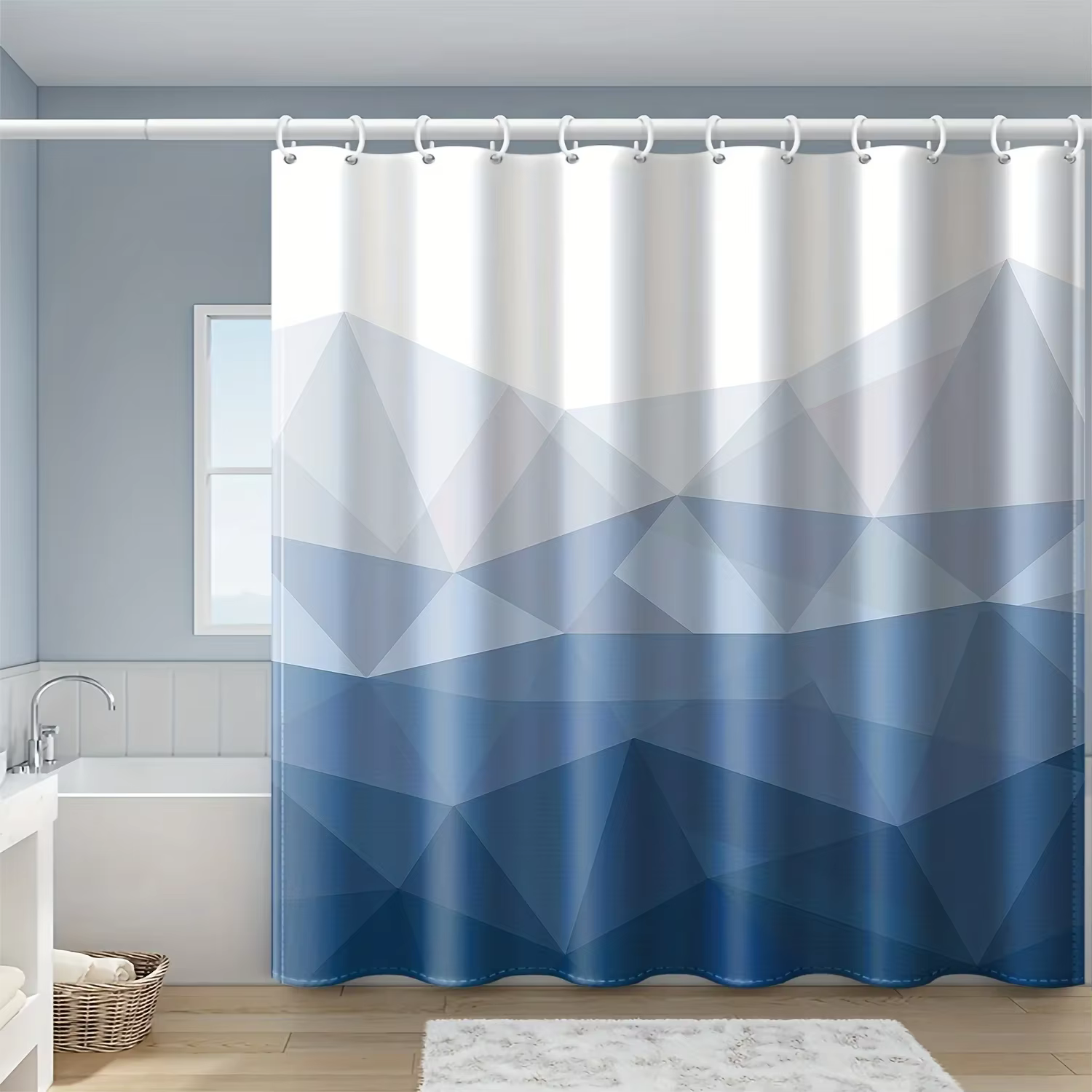 Rideau de douche imperméable géométrique bleu et blanc élégant – Parfait pour ajouter un toucher moderne et élégant à votre décoration de salle de bain