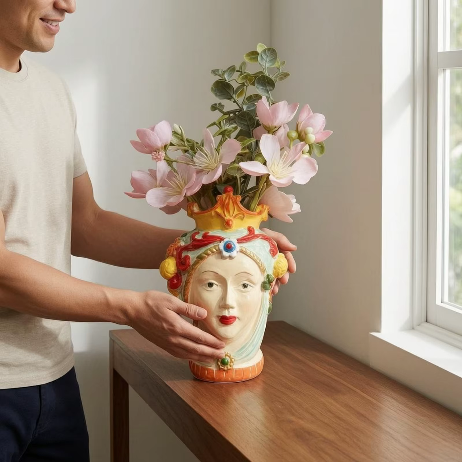 Vase en résine orné, finition brillante, vase sculptural, décoration d'intérieur, motif feuille, facile à nettoyer