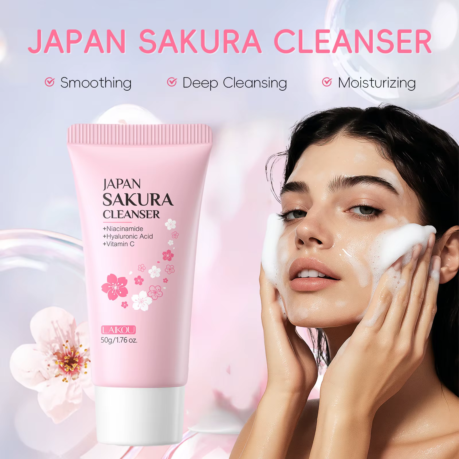 Laikou Sakura Nettoyant Visage Nettoyage en Profondeur des Pores Contrôle du Sébum Hydratant Éclaircissant Doux pour Tous Types de Peau 50g