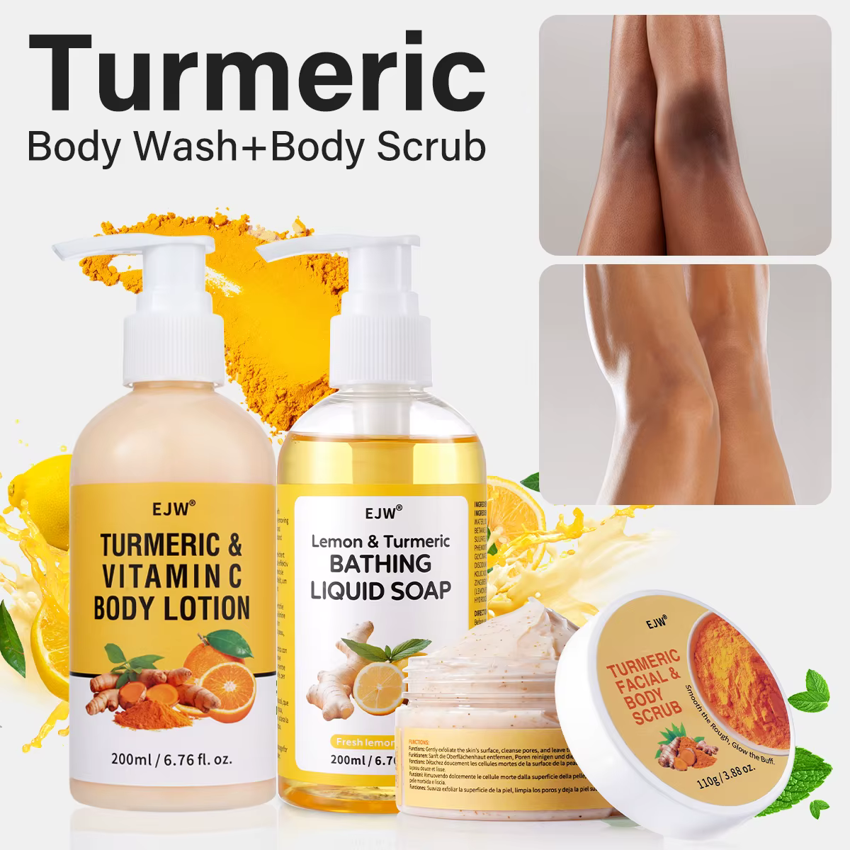 Gel Douche Éclaircissant au Curcuma |   Gel Douche Doux pour Peaux Irrégulières |    Formule nettoyante en profondeur et hydratante |   Gommage corporel