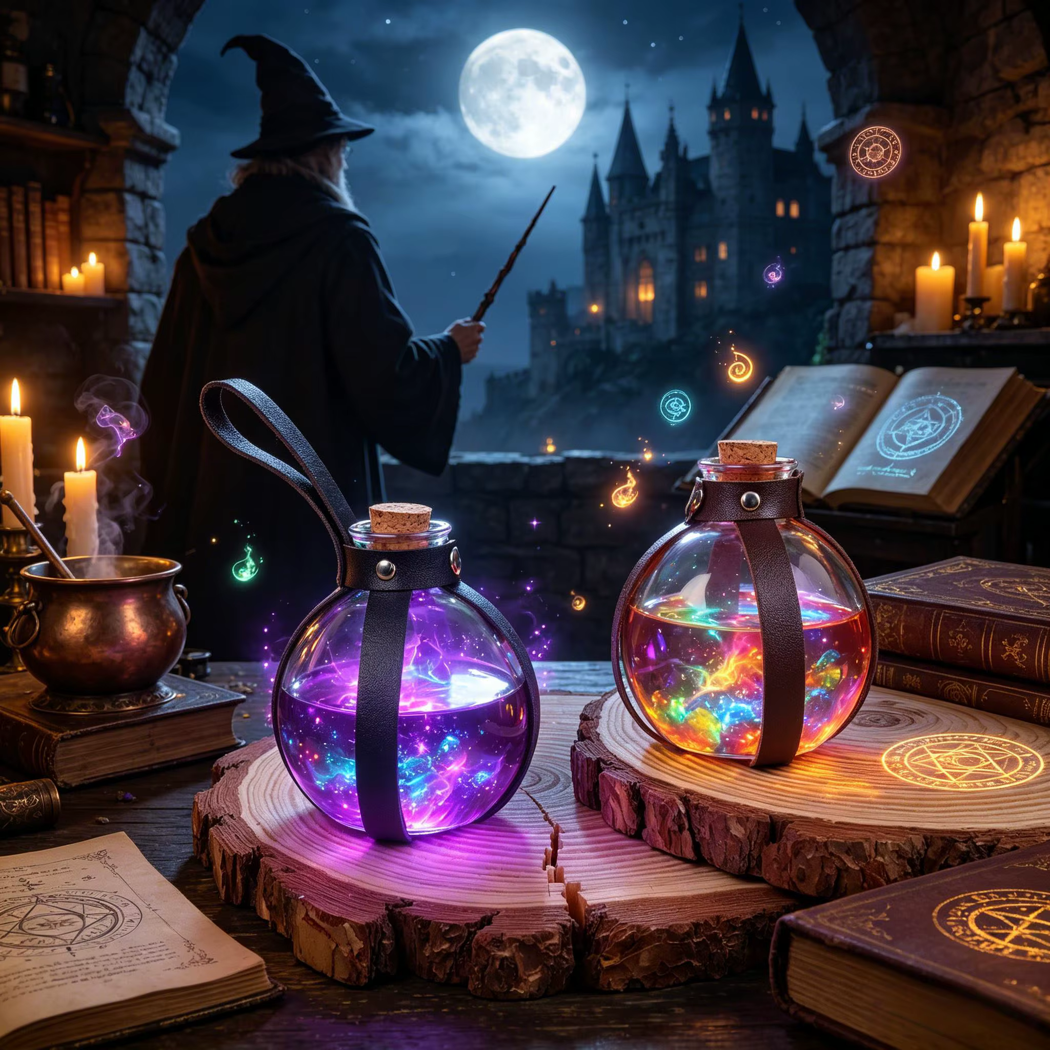 Bouteille en verre pour potion de magie noire Sorcière et Sorcier avec étui en cuir PU – Décoration de fête d'Halloween, Costume Ren Faire