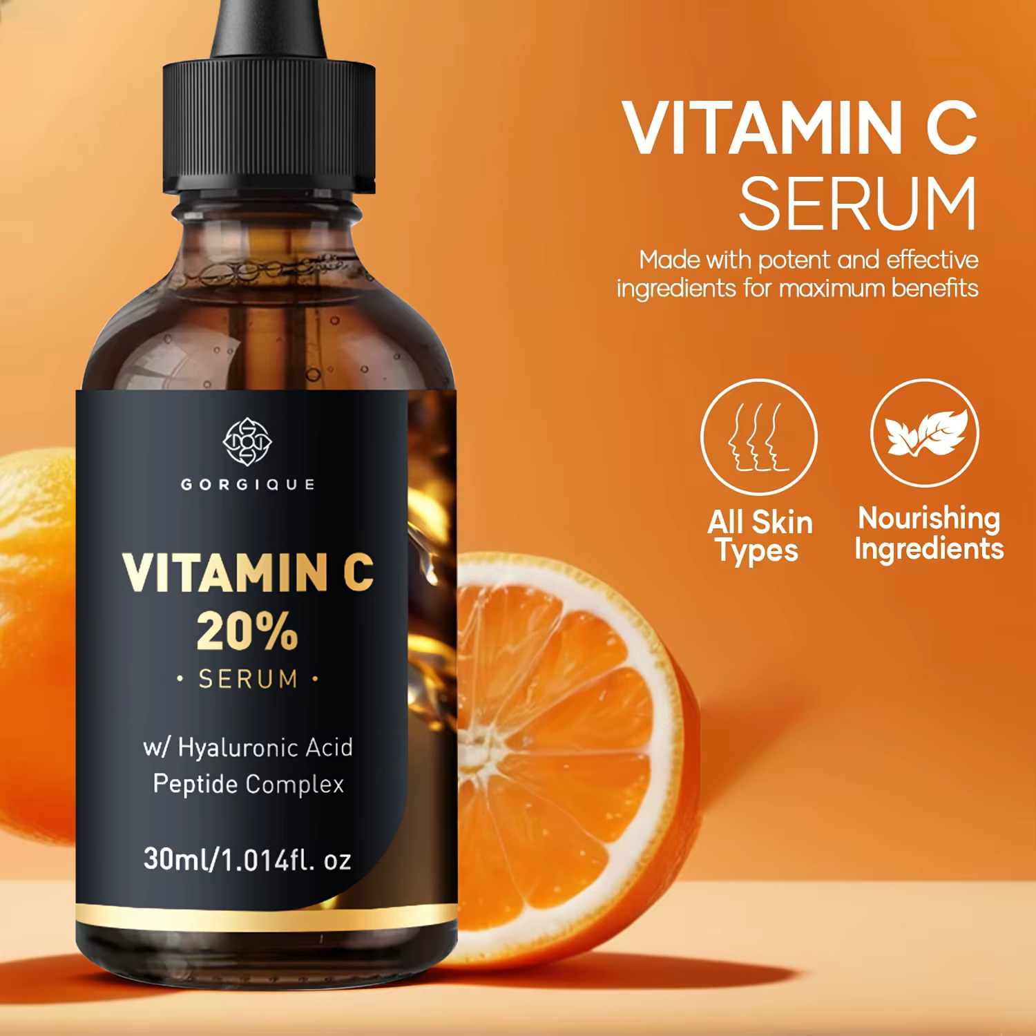 Sérum de vitamine C pour le visage amélioré avec des peptides d'acide hyaluronique