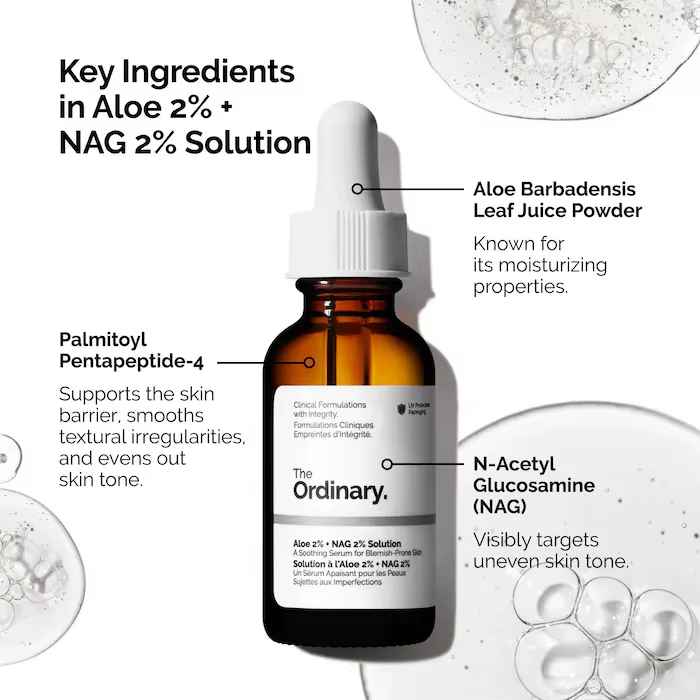 Sérum Solution Aloe 2% + NAG 2% 30 ml pour les marques post-acné améliore la texture de la peau