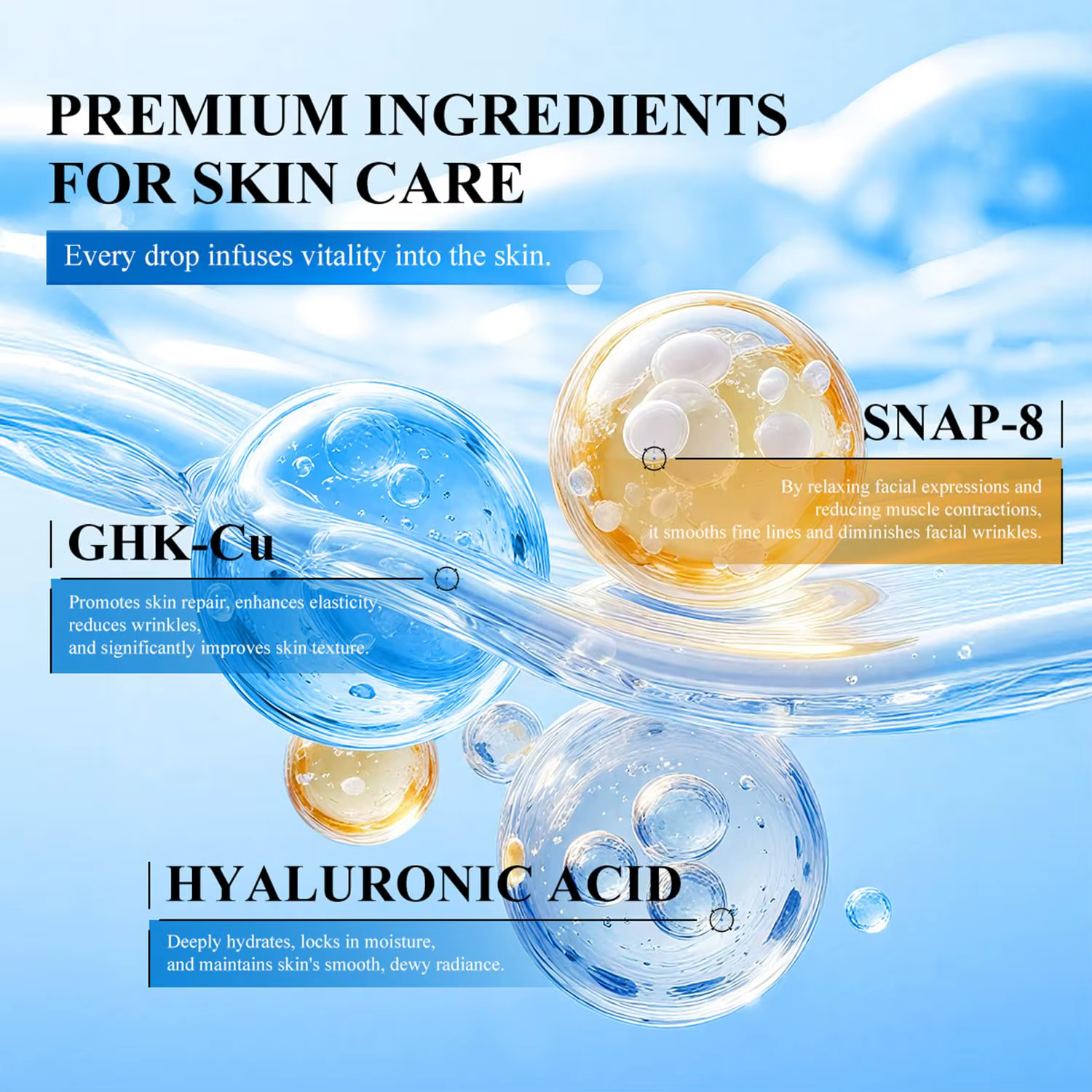 Sérum facial aux peptides de cuivre GHK-Cu avec SNAP-8 pour les ridules