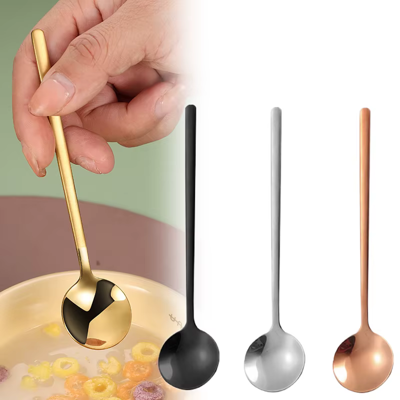 Cuillère en acier inoxydable épaisse à Long manche, cuillères à soupe rondes, crème glacée, Dessert, café, vaisselle de cuisine