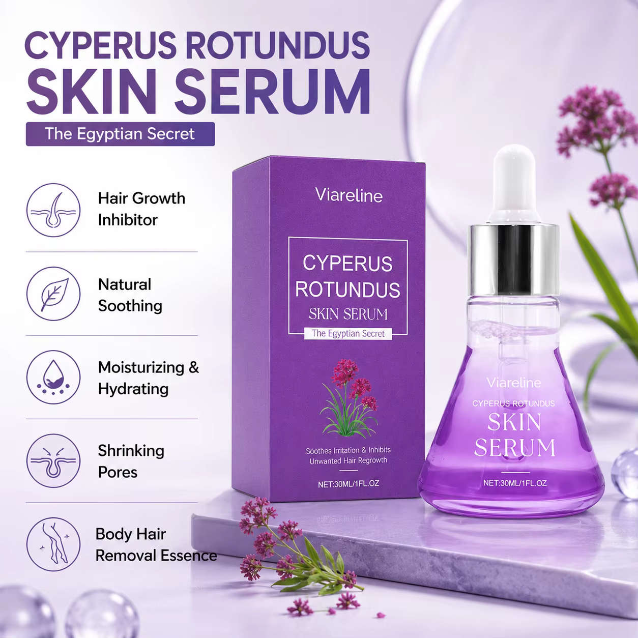 Sérum pour la peau au Cyperus Rotundus 30 ml – Essence naturelle inhibitrice et éliminatrice de poils