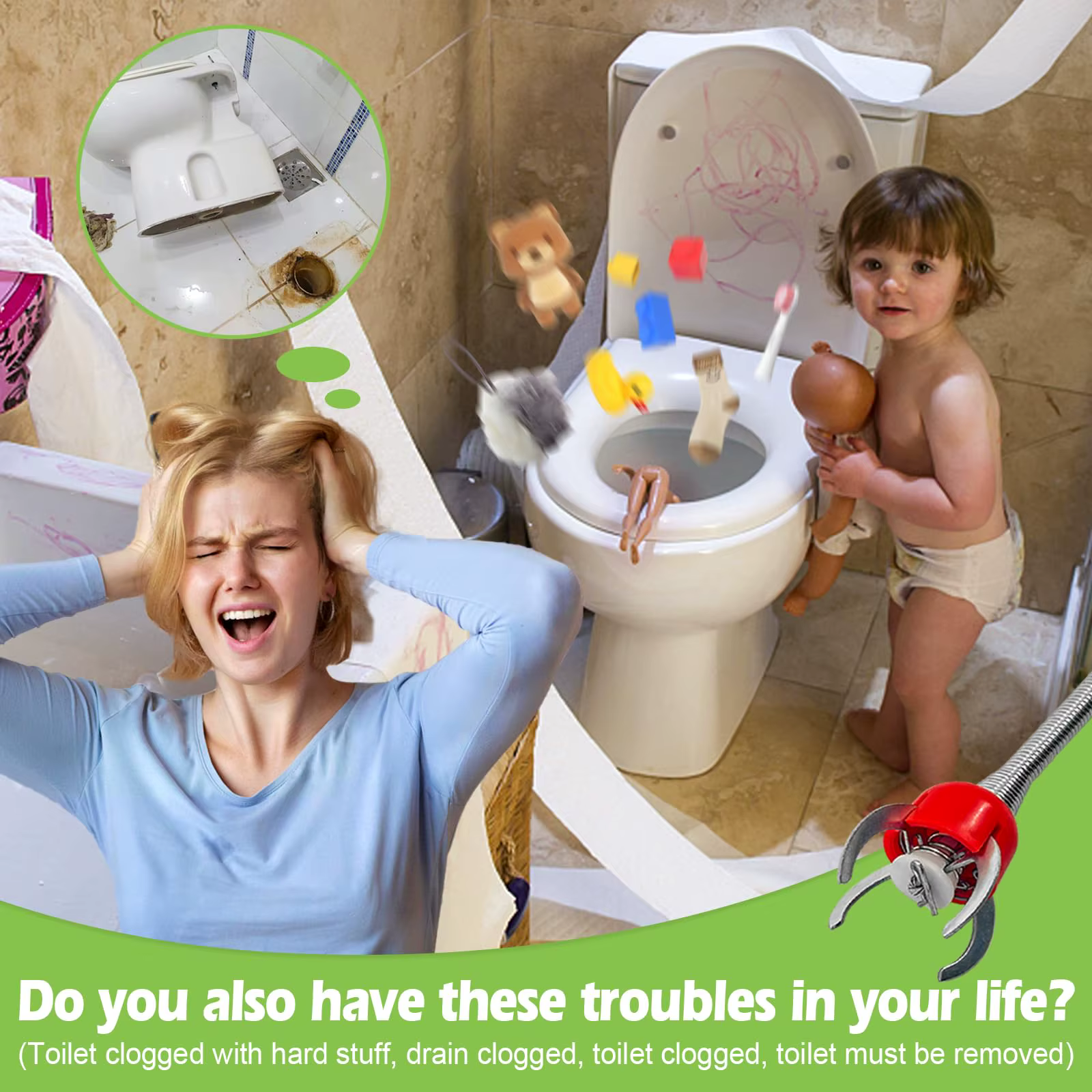 Outil de débouchage de toilettes, kit de débouchage durable pour canalisations, solution de nettoyage de plomberie tout-en-un, efficace pour les drains de sol et les égouts