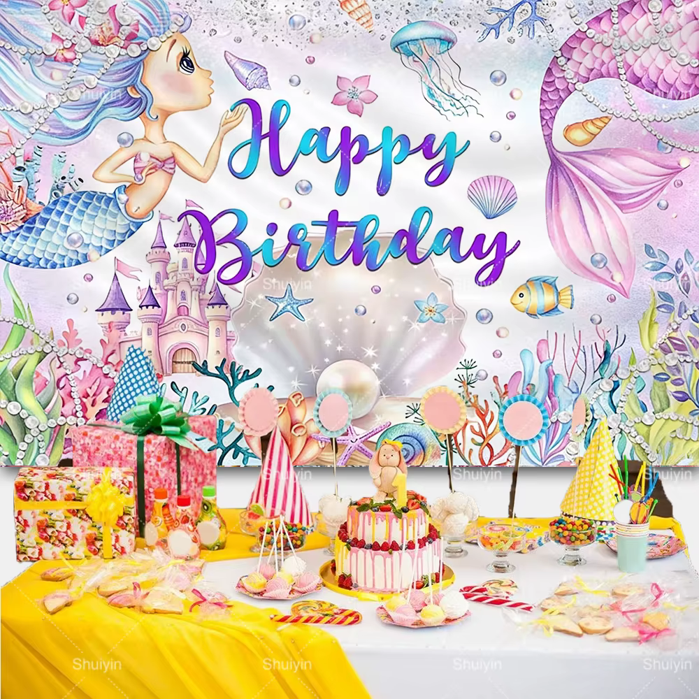 Toile de fond sur le thème des sirènes, fond photographique sous la mer, décoration de fête d'anniversaire pour filles, fournitures de décoration pour fête de princesse, bannière pour baby shower