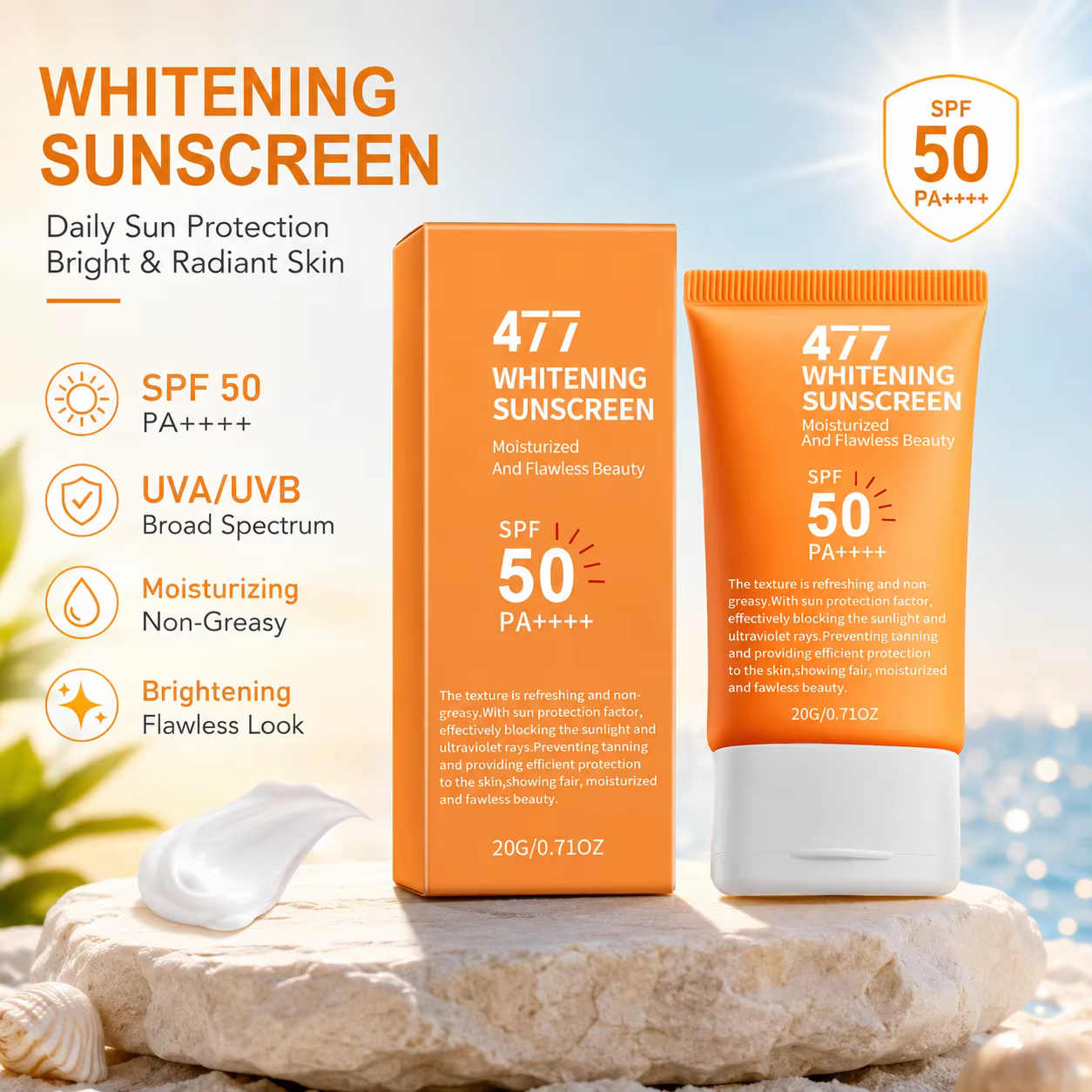 Crème solaire SPF 50 à large spectre UV, protection longue durée, contrôle du sébum, couvrance parfaite, légère et hydratante