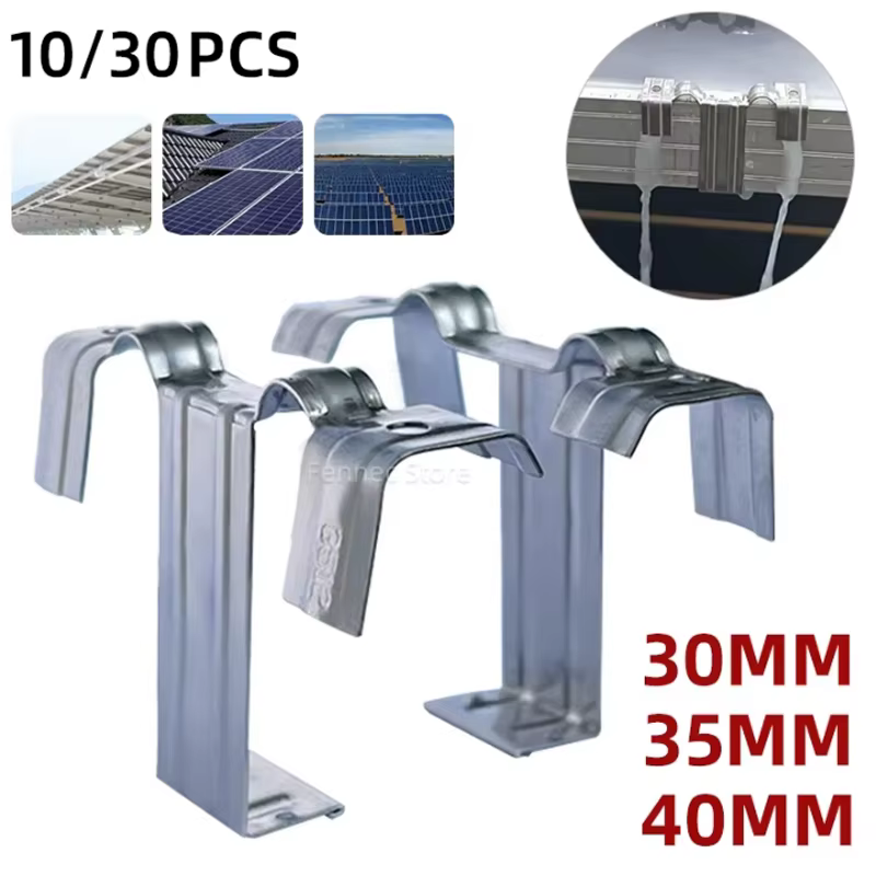 Clip de guidage d'eau photovoltaïque pour panneau solaire, en acier inoxydable, 10/30 pièces, 30/35/40mm, composant de nettoyage de panneau, déflecteur de vidange de boue