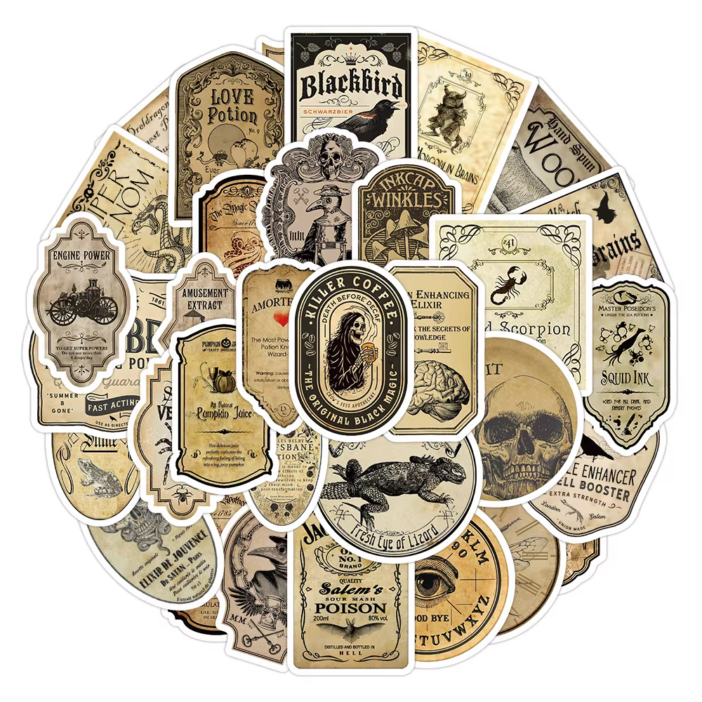 Étiquettes autocollantes de potion Vintage, 52 pièces, autocollants d'alchimie mystique pour pots de sorcellerie, livres de sort et décoration d'halloween