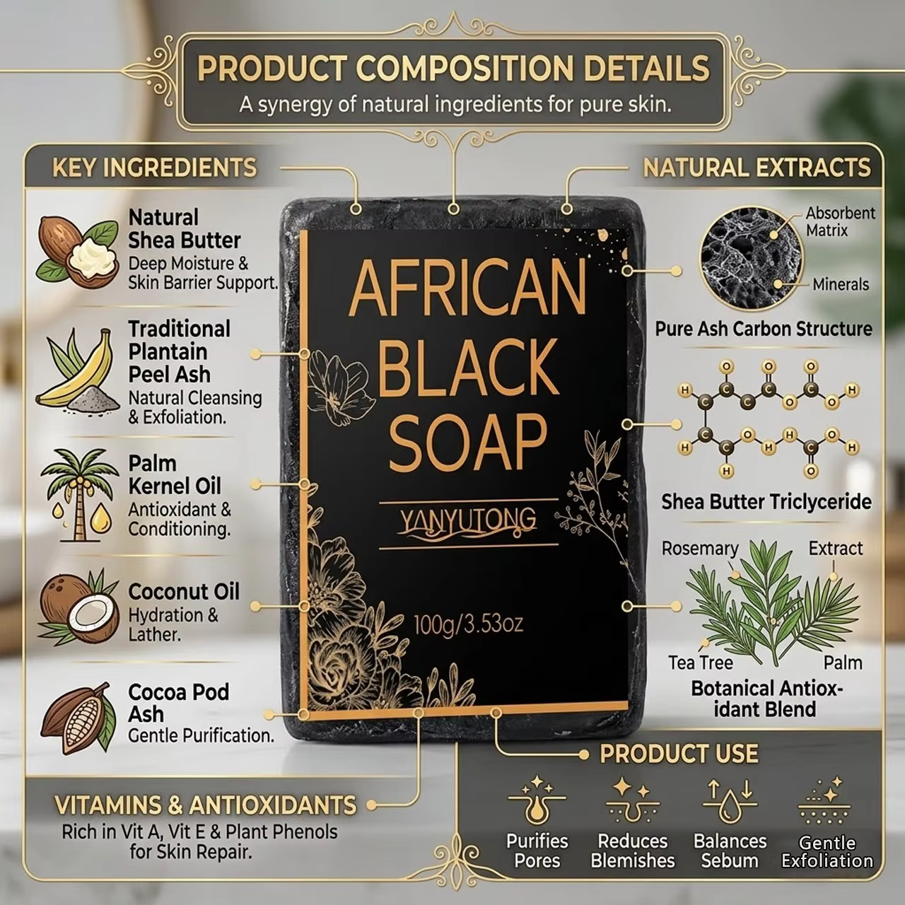 Savon noir africain, contient de l'huile de beurre de karité