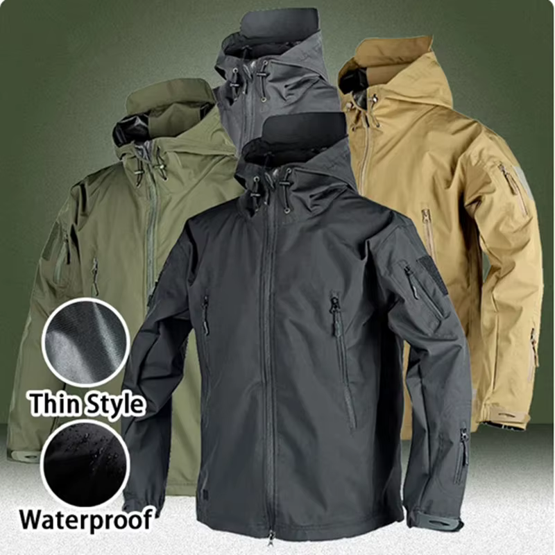 Vestes en peau de requin pour hommes, imperméable, mince, extérieur, bombardier à capuche, coupe-vent, combinaison multi-poches, résistant à l'usure, veste polaire