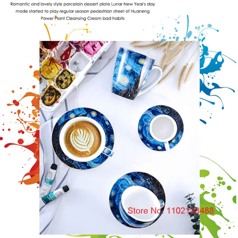 Van Gogh-Ensemble de tasses à café et d'assiettes en céramique de luxe, tasse à thé de dégustation de cappuccino, verre ESPRESbucDemitasse, peinture à l'huile