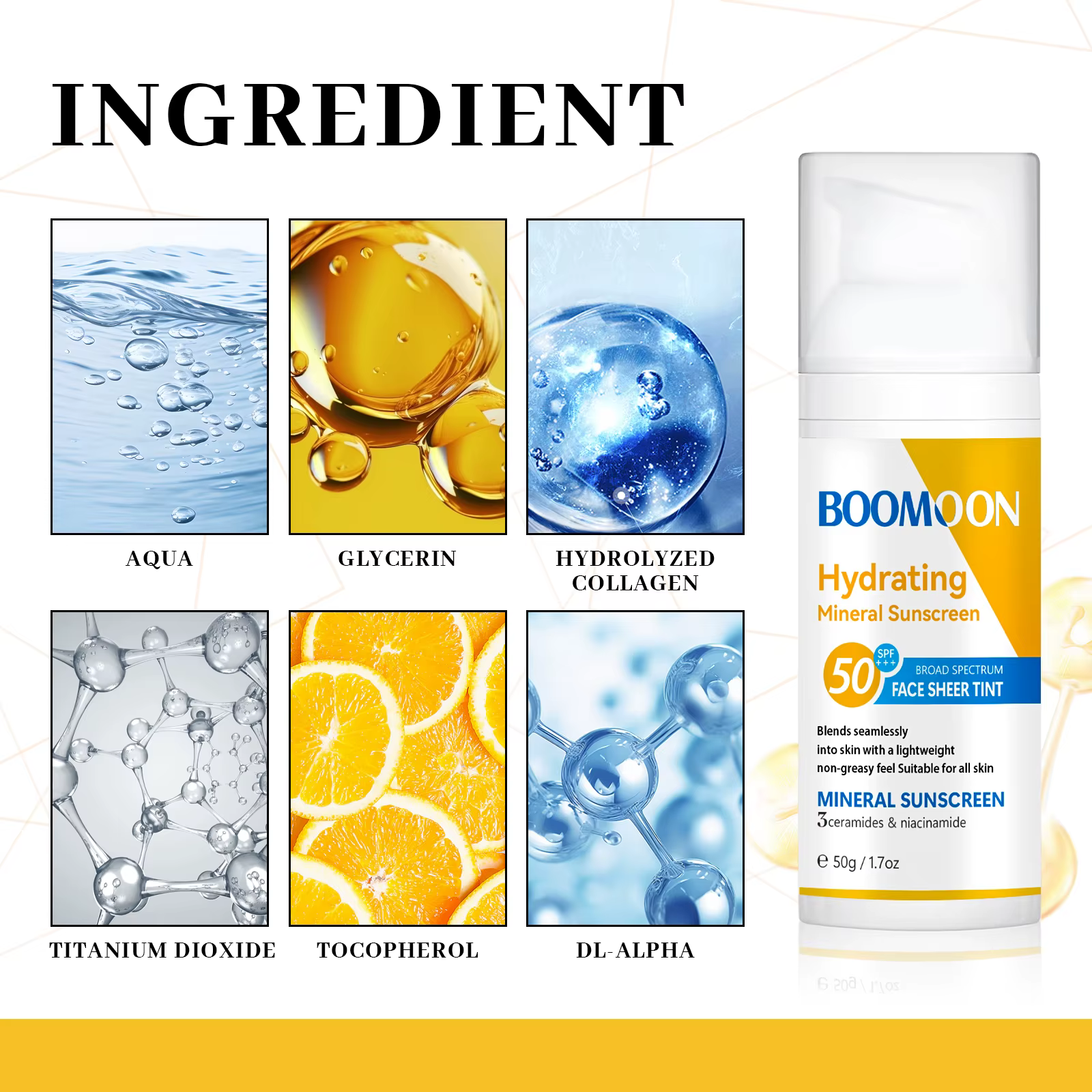 BOOMOON Crème solaire minérale hydratante SPF50 PA +++ Ample spectre Léger Non gras 50g pour visage et corps