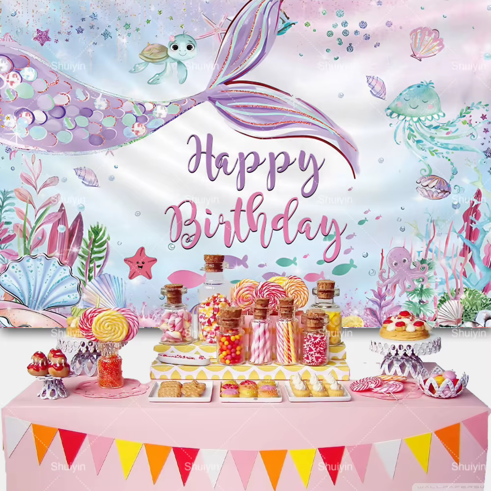 Toile de fond sur le thème des sirènes, fond photographique sous la mer, décoration de fête d'anniversaire pour filles, fournitures de décoration pour fête de princesse, bannière pour baby shower