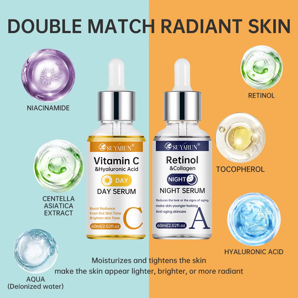SUYARUN Day Sérum au rétinol de nuit à la vitamine C - Éclaircissant et anti-âge | Formule 2 en 1 pour la réparation de