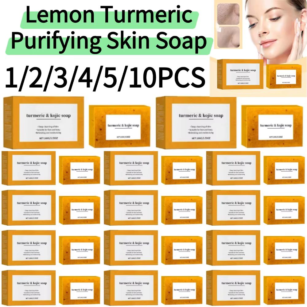 Savon Purifiant Citron Curcuma 1/2/3/4/5/10 Pièces – Barre Nettoyante Éclaircissante Douce et Profonde pour Visage et Corps