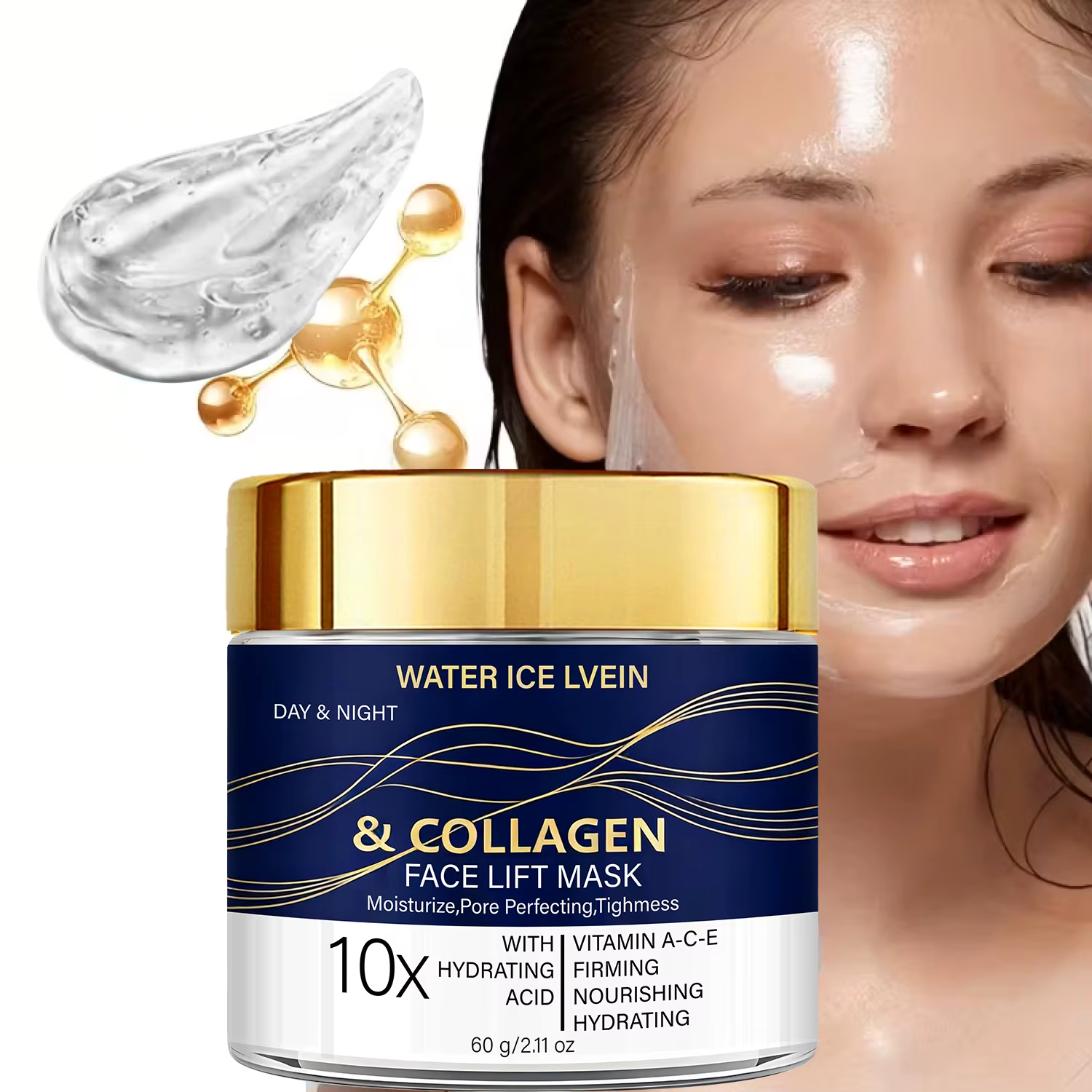 WATER ICE LEVIEN Masque Visage Liftant Hydratant Raffermissant Affine les Pores au Collagène Acide Hyaluronique Vitamines A C E pour Jour et Nuit 60g