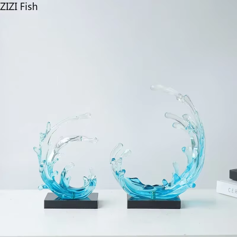 Statue de Vagues de la Mer Bleue, Ornements de Décoration de Bureau, Sculpture Créative Transparente, Artisanat en Résine, Décor Esthétique de Salle