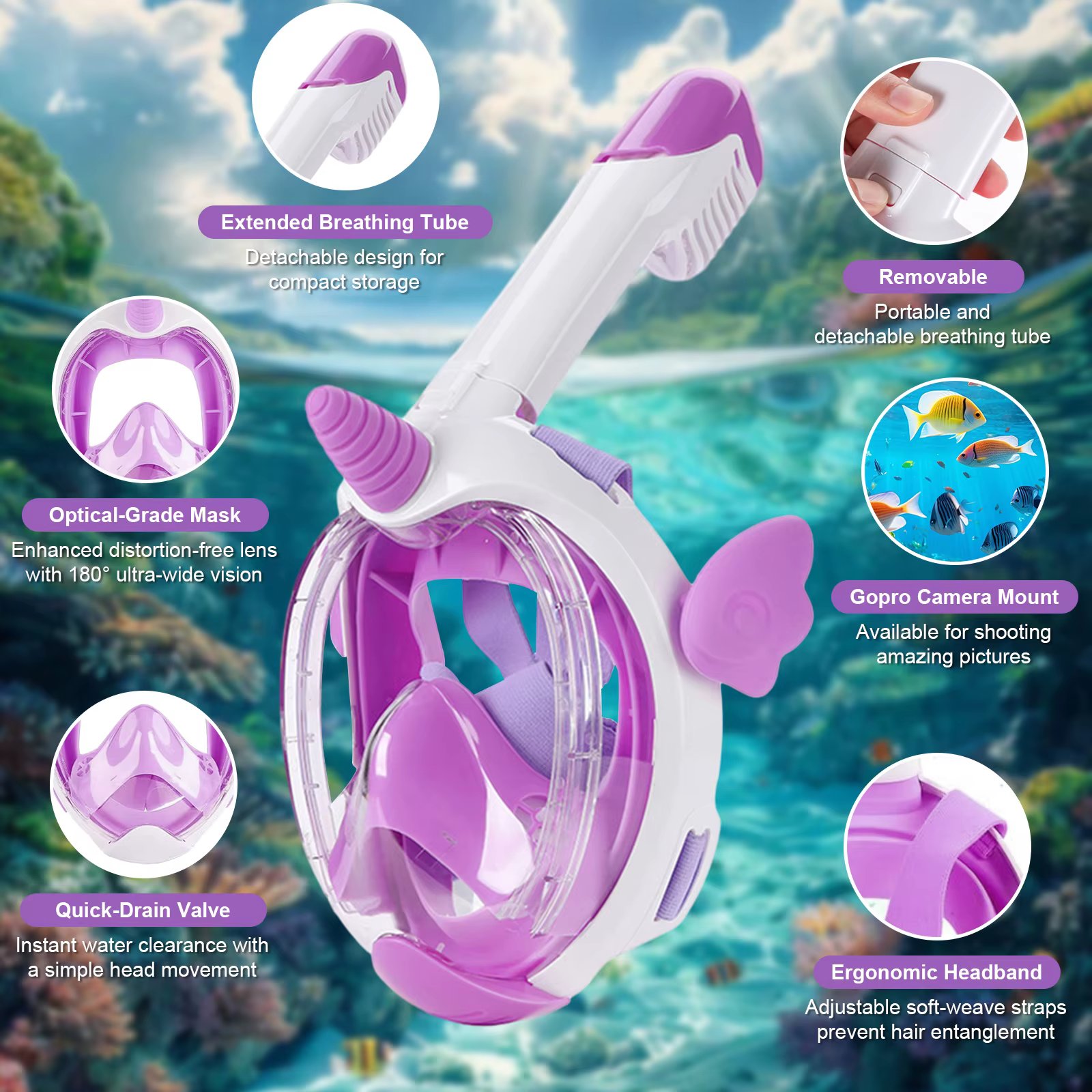 Masque de natation pour enfants, licorne, plongée sous-marine, visage complet, tuyau respiratoire unique, sûr, étanche, Anti-buée, confortable