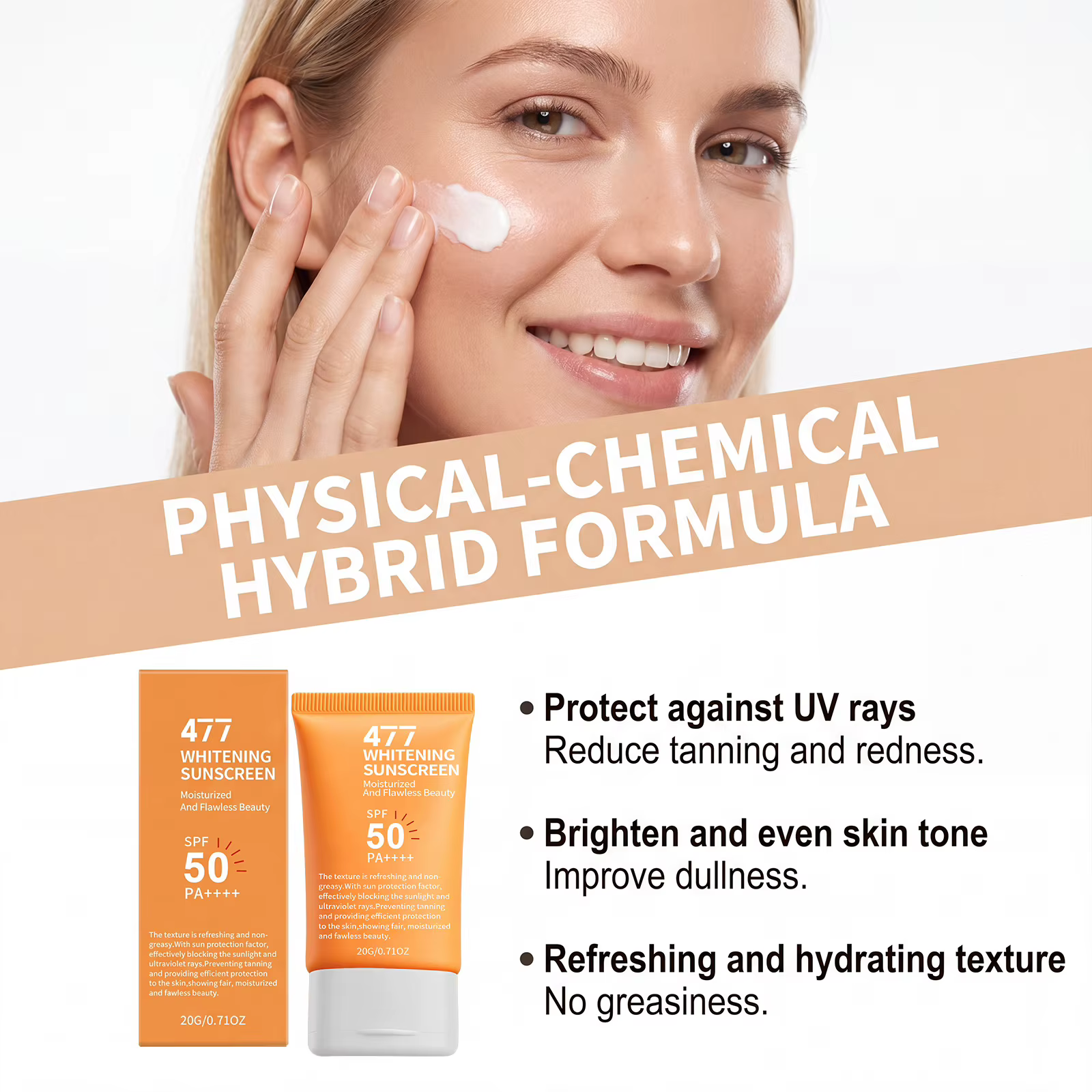 Crème solaire SPF 50 à large spectre UV, protection longue durée, contrôle du sébum, couvrance parfaite, légère et hydratante