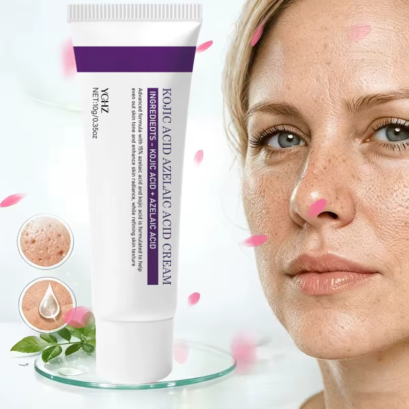 Crème pour le visage à 15 % d'acide azélaïque, essence hydratante en profondeur, absorption rapide, douce et respectueuse de la peau. Les ingrédients incluent de l'acide kojique, de la niacinamide, de