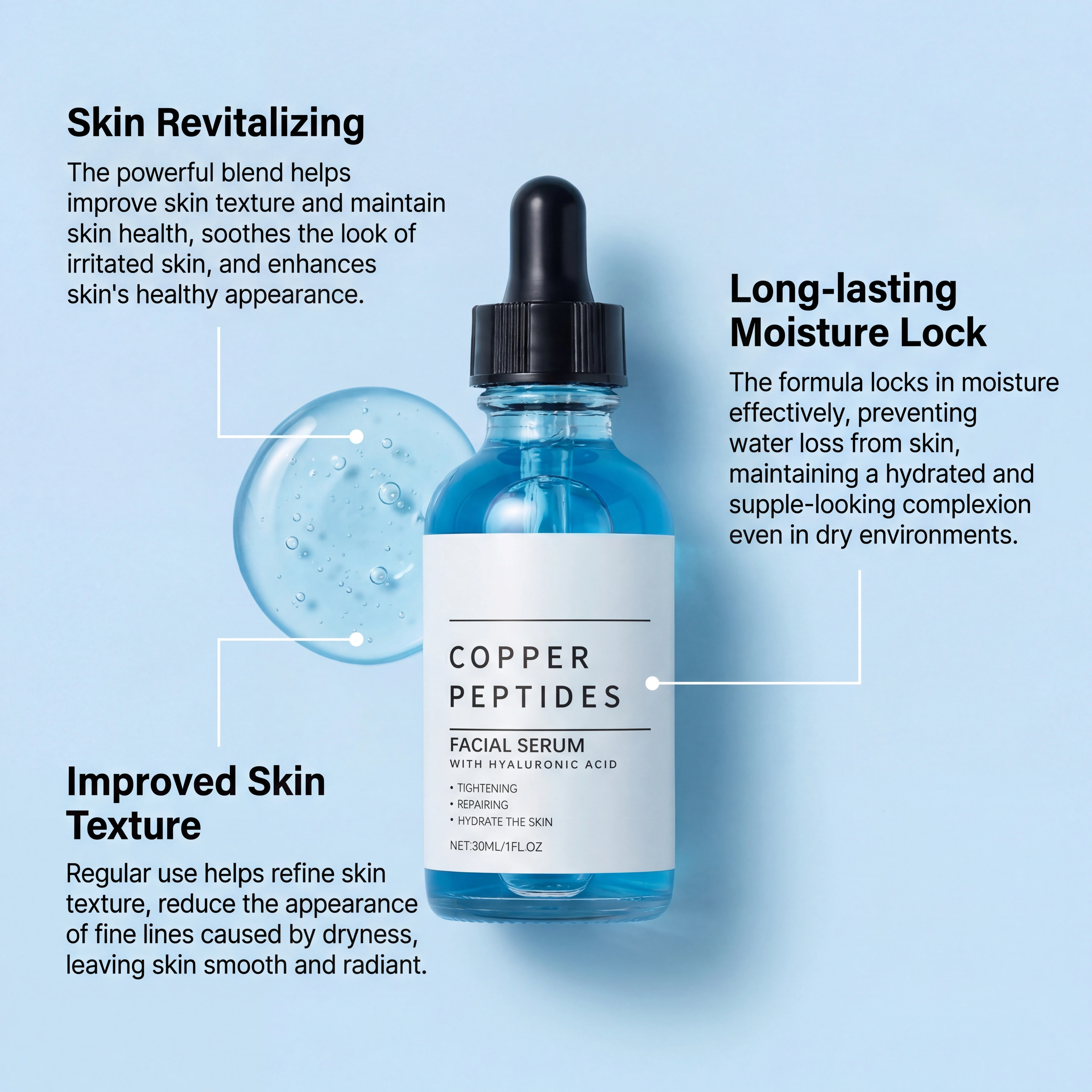 Sérum à l'acide hyaluronique à l'essence de cuivre et de titane pour les peaux sensibles