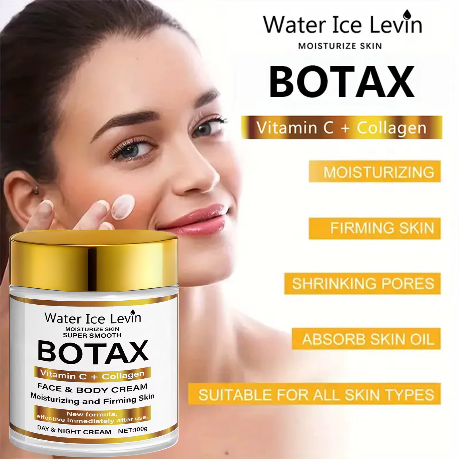 Crème Water Ice Levin BOTAX : Vitamine C + Hydratant visage et corps au collagène pour raffermir et peaux super lisses. Utilisation jour/nuit