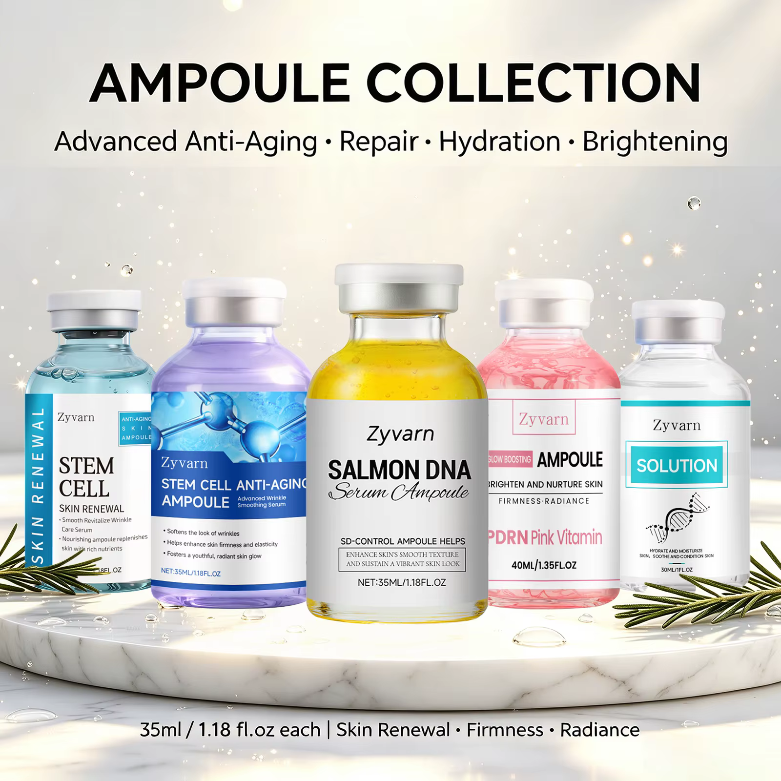 Coffret Sérum Ampoule – Essence Visage Anti-Âge aux Cellules Souches et ADN de Saumon Hydratante & Éclaircissante