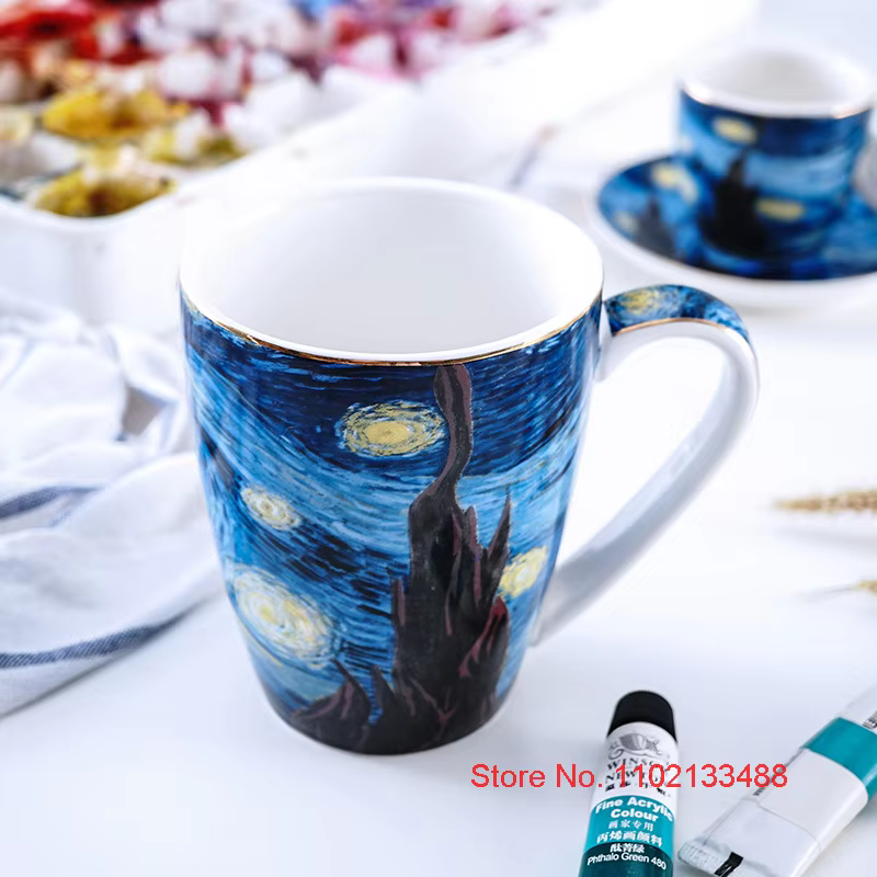Van Gogh-Ensemble de tasses à café et d'assiettes en céramique de luxe, tasse à thé de dégustation de cappuccino, verre ESPRESbucDemitasse, peinture à l'huile