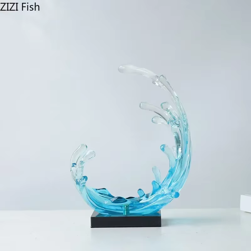 Statue de Vagues de la Mer Bleue, Ornements de Décoration de Bureau, Sculpture Créative Transparente, Artisanat en Résine, Décor Esthétique de Salle