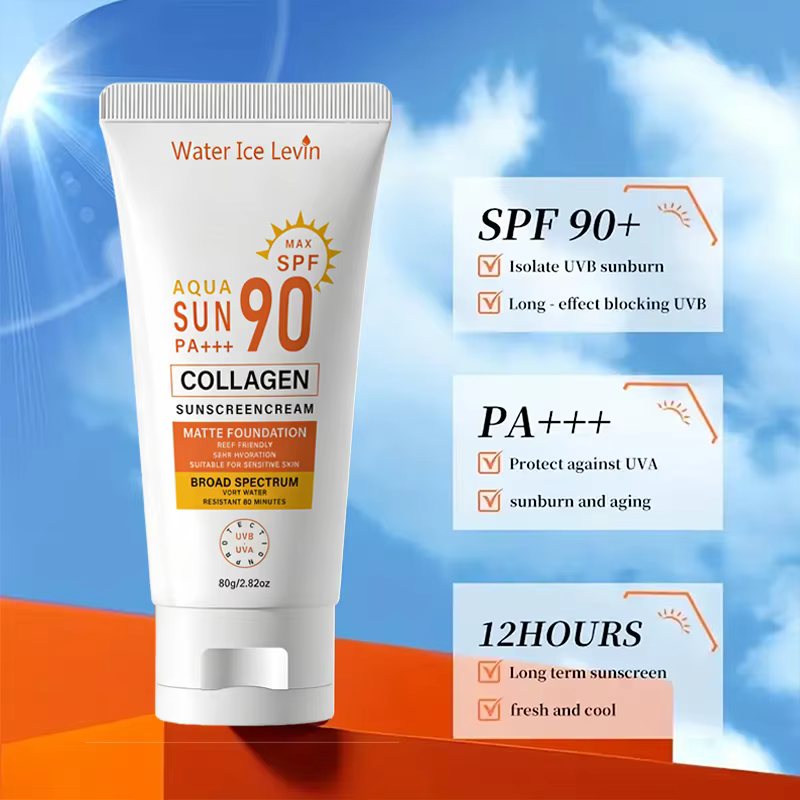 Crème solaire SPF 90+ PA+++ Large spectre. Résistant à l'eau 80 minutes. Protège contre les UVB et les UVA. Amical pour les récifs. Collagène. 80g.