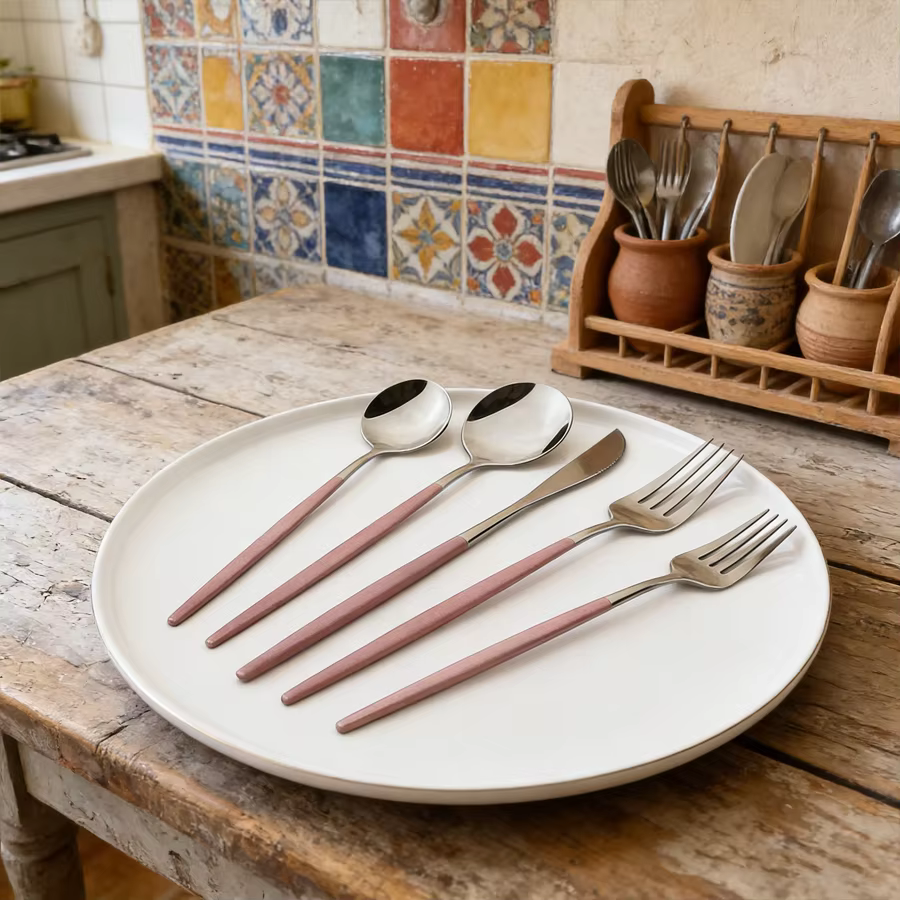 Ensemble de couverts en acier inoxydable de 16 pièces, design élégant argenté et rose, comprenant une fourchette et une cuillère, adapté pour les